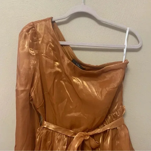 Lulus Sweet Excellence Shiny Rust Orange One-Shoulder Tiered Dress Medium NWT - Picture 4 of 15